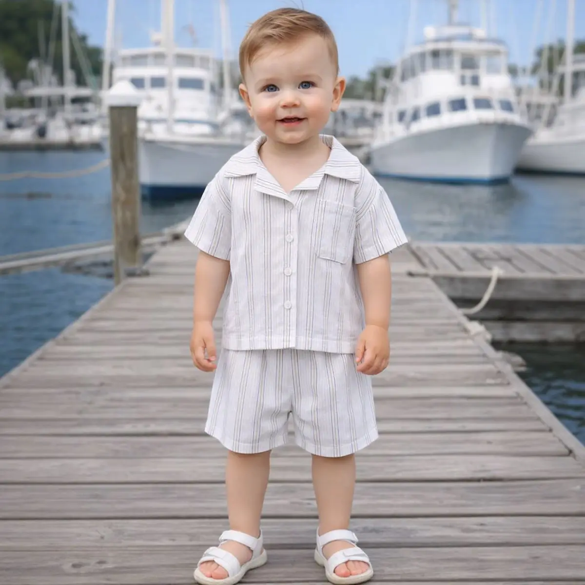 

Summer Baby Boys and Girls Breathable Lapel Neck Short Sleeve Shorts Striped Set Two-piece Set Leisure Style Set 0-3Y
