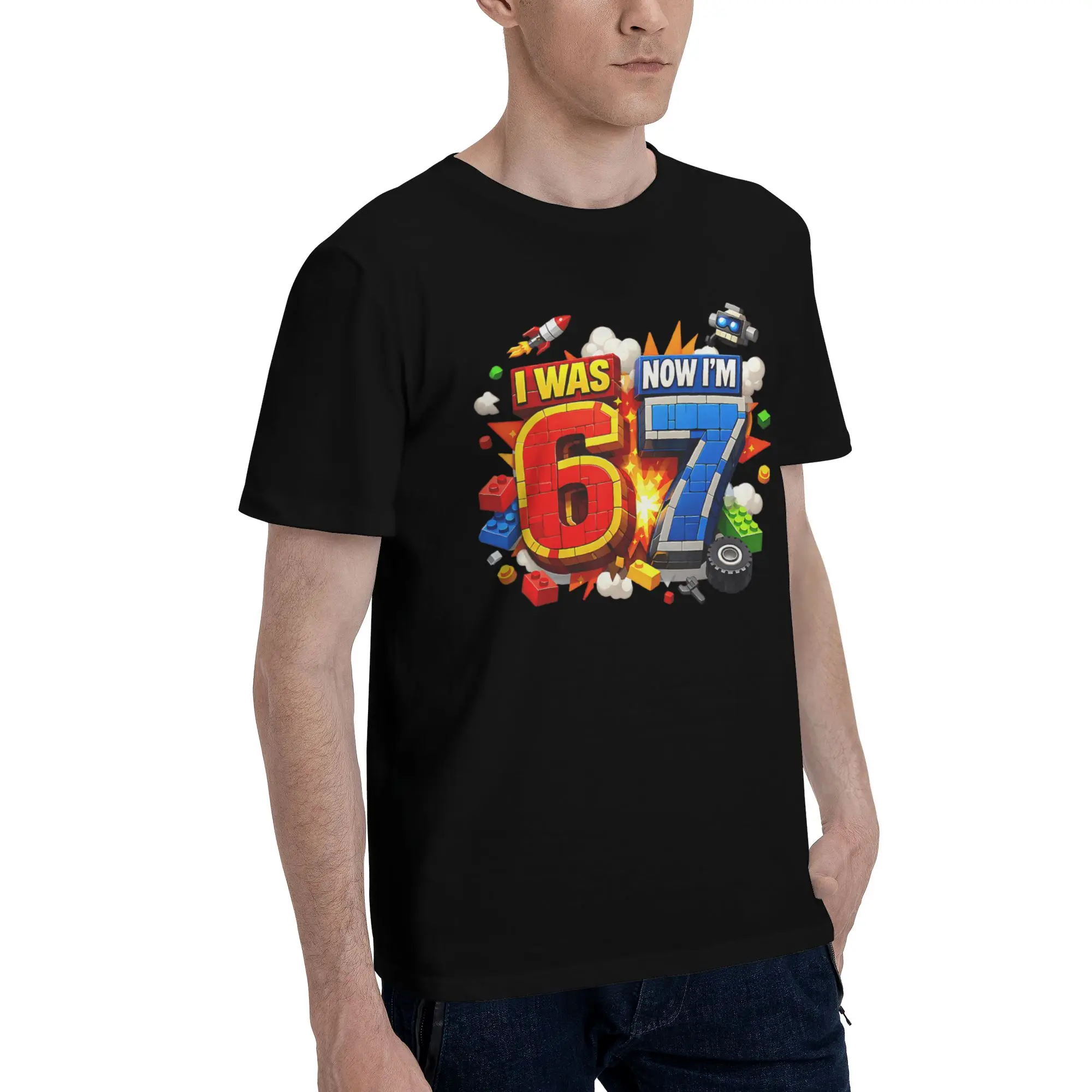 I was 6 Now I'm 7 Birthday 67 Meme Building Brick Kids Funny Graphic 100% Cotton T-Shirt Funny Meme Tees Tops For Men