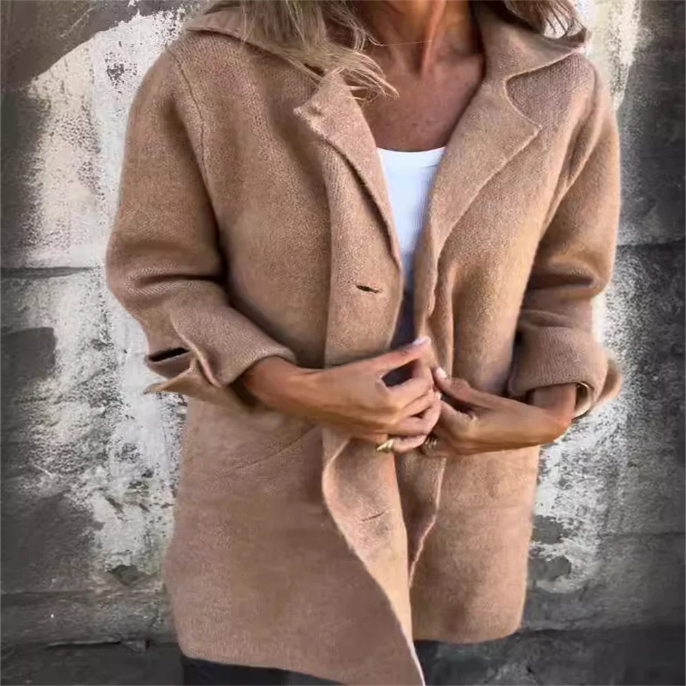 2024 new summer solid color lapel tie pocket cardigan single breasted mid-length coat for women