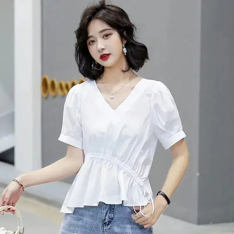 Women Summer Simplicity Slim Sweet Pleated Solid Color V-neck Short Sleeve Shirts Women Clothes Casual Appear Thin Trend Top Tee