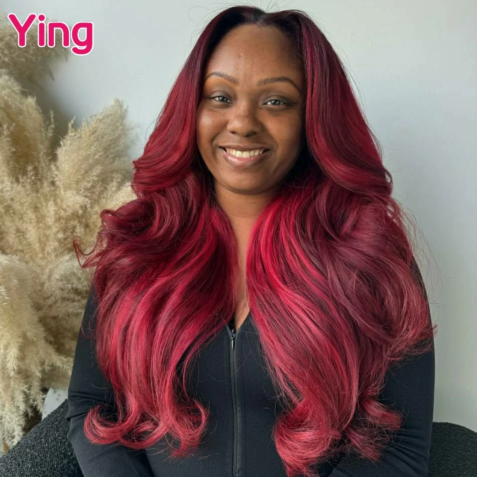 Ying 180% 12A Body Wave Highlight Burgundy Red Colored 13x6 Lace Frontal Wigs Human Hair PrePlucked Peruvian 13x4 Lace Front Wig