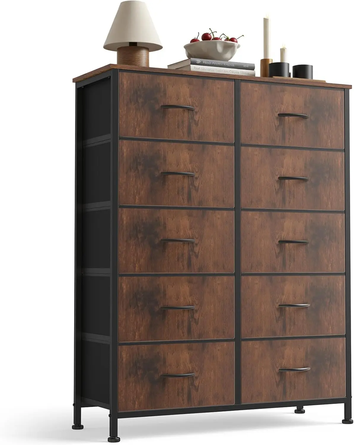 

10 Drawer Fabric Dresser Storage Tower with Bins, Tall Chest Organizer for Bedroom Closet Hallway, Steel Frame Wood Top Easy