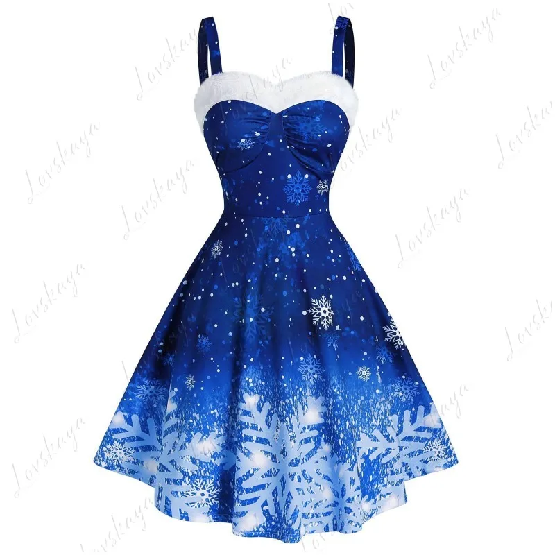 Christmas Holiday A Lady Suspender Word Shoulder Gradual Change Color Snowflake Print Vintage Dress