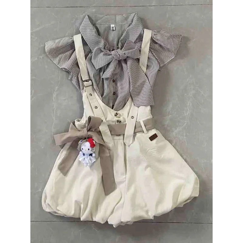 

2025 Japanese Kawaii Retro Bow Striped Shirt Set Women Elegant Flying Sleeve Top + Bud Bib Pants Suit Sweet Girl Two-piece Suit