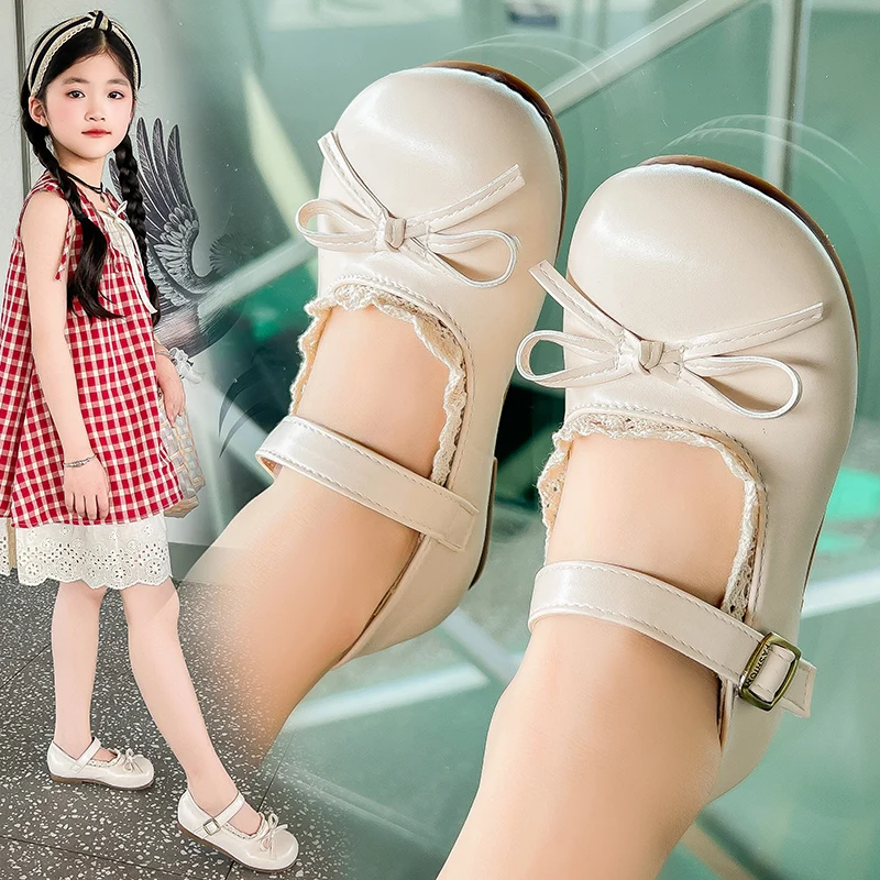 Kids Leather Shoes Spring Autumn Korean Style Girls Causal Shoes Ruffled Edge Bow Children Fashion Princess Flat Shoes Round-toe