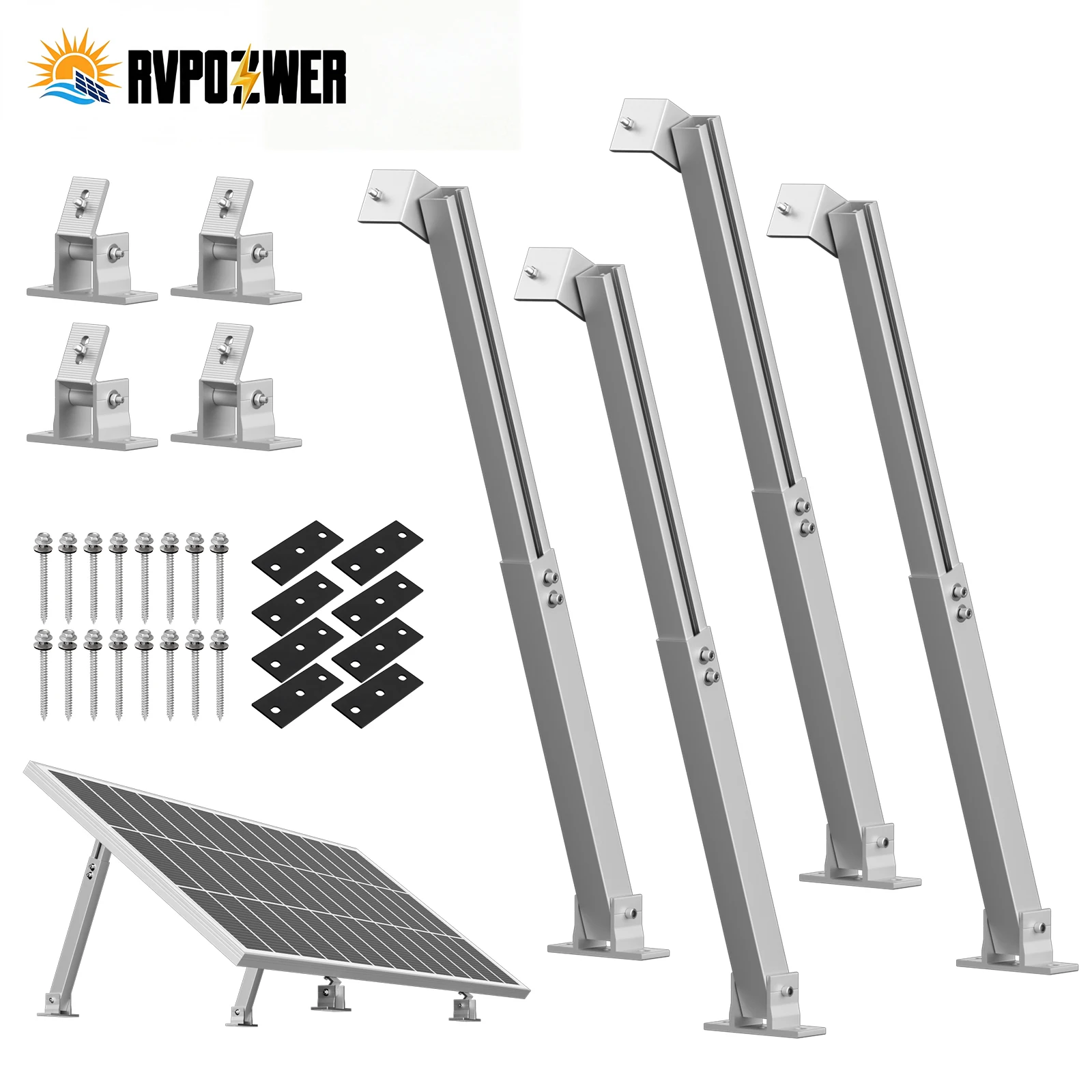 RVPOZWER Solar Panel Adjustable Tilt Mount Bracket,Heavy‑Duty Durable Rustproof Aluminum Support Legs,Stable Roof Mounting Hardware Kit for RV Caravan Boat Off‑Grid Outdoor Solar Installation