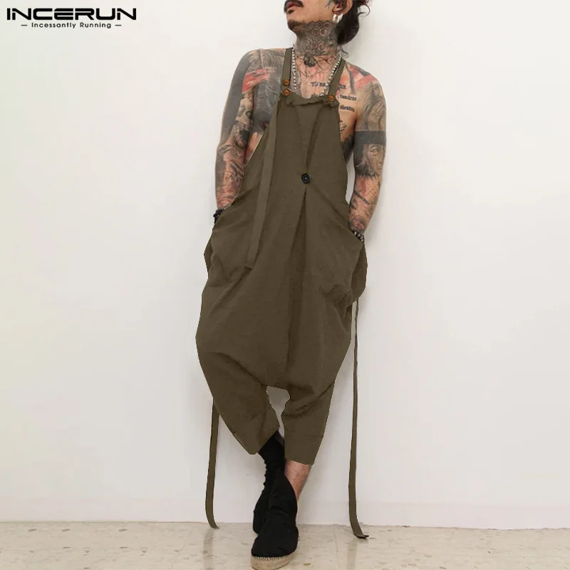 INCERUN American Style Stylish Jumpsuit New Men Deconstruction Design Jumpsuit Male City Walk Solid Wide Leg Sleeveless Rompers