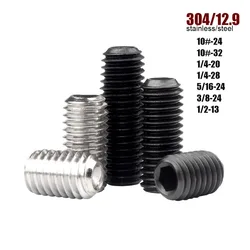 10pcs UNC 10#-24 1/4-20 US Coarse 304 Stainless 12.9 Black Steel Hex Hexagon Socket Allen Cup Point Grub Headless Bolt Set Screw