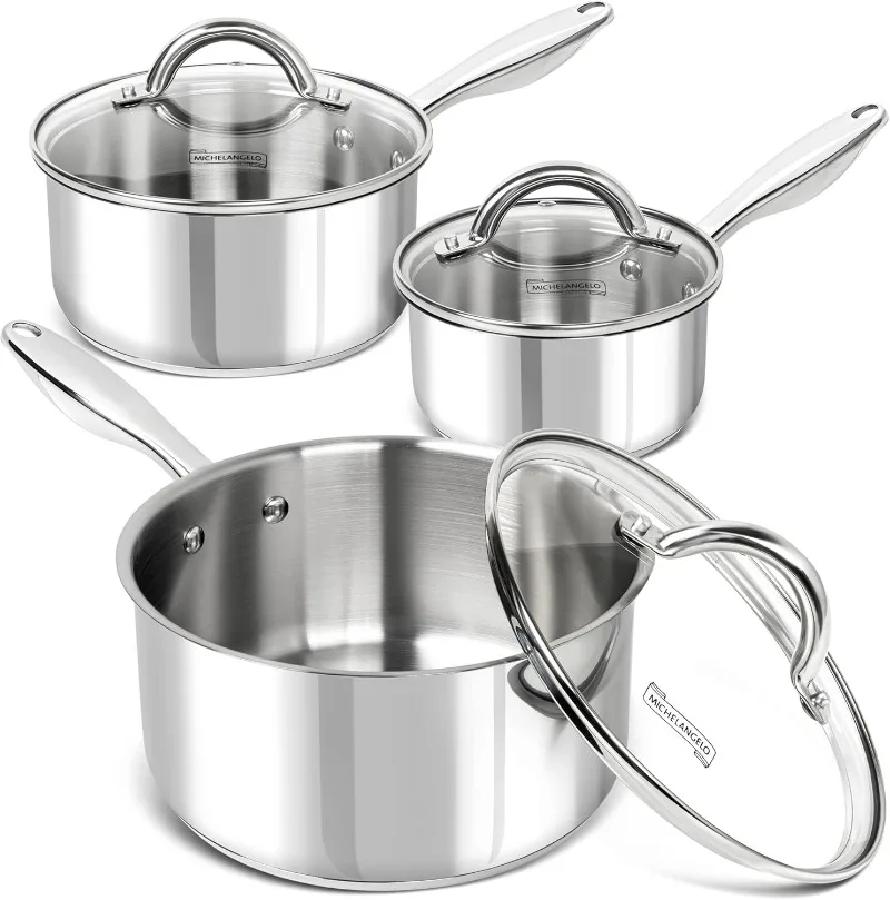 Saucepan Set 6pc, 18/10 Stainless Steel Sauce Pan with Lid, Tri-Ply Bottom Sauce Pot Set, Nonstick Saucepan, Induct