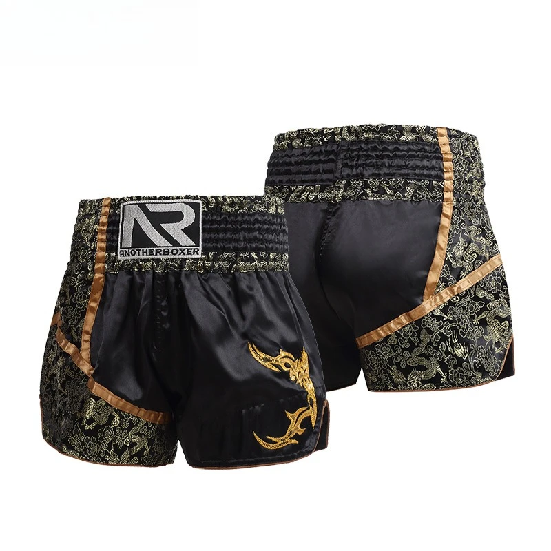 Vintage Floral Embroidery Muay Thai Shorts for Men Elastic Waist Boxing Trunks for Kickboxing MMA Martial Arts Training
