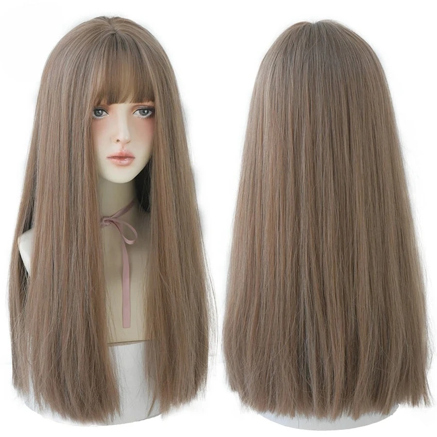 

Длинные прямые синтетические парики светло-коричневого цвета с челкой для женщин, термостойкие, для ежедневного использования, горячая распродажа, оптовые парики