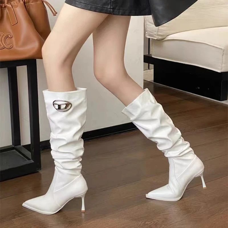 Sexy Winter Women High Boots Fashion Pointed Pleated Stiletto Heel Long Boots Ladies Elegant High Boots Shoes Botas De Mujer