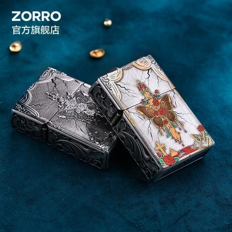 

New Zorro Rose Butterfly Cross Kerosine Lighter, Armor High-looking Creative 520 Gift for Boyfriend, Retro High-end Personality