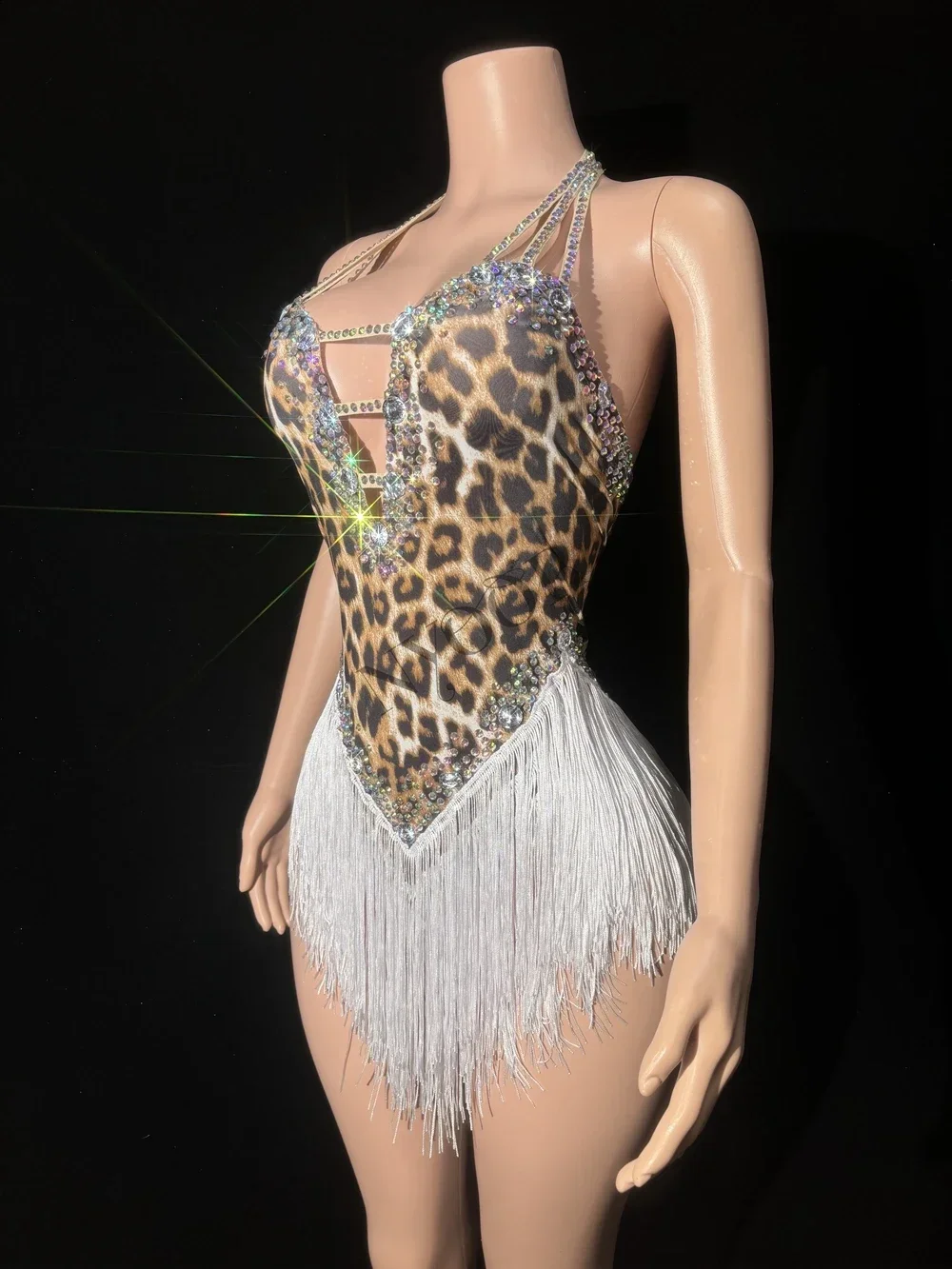 Sparkly Rhinestones Tassel Leopard Print Bodysuit Sexy Backless Performance Dance Costume Singer Dancer Stage Wear Club Outfit