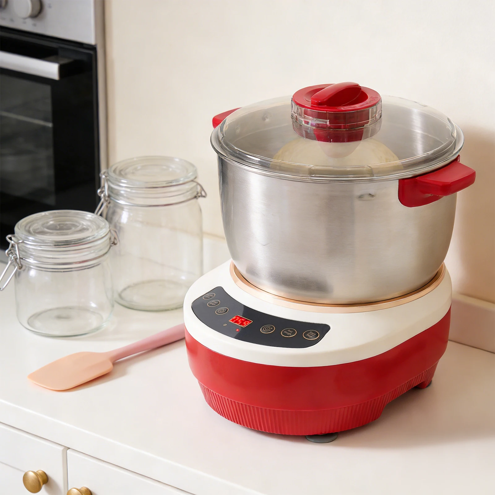 Robot Pétrin Électrique 7L avec Minuteur Micro-ordinateur, en Acier Inoxydable 304, Multifonction, pour Pain et Pizza, Design Vertical Silencieux, Bol Rouge, Norme Européenne, Grande Capacité, pour la Pâtisserie Maison, le Pétrissage, la Fermentation, les Scones, les Raviolis, Robot Culinaire