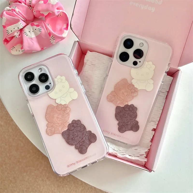 

Luxury Cute Cartoon Chocolate Biscuits Hello Kitty Phone Case For iPhone 12 13 14 15 16 Pro Max Bow Kitty Doll Lovely Girl Gift