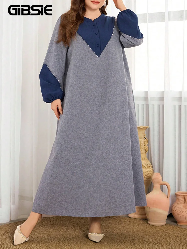 

GIBSIE Plus Size Colorblock Button Casual Beaded Dress Women 2026 Autumn Vintage Full Lantern Sleeve Female Loose Maxi Dresses