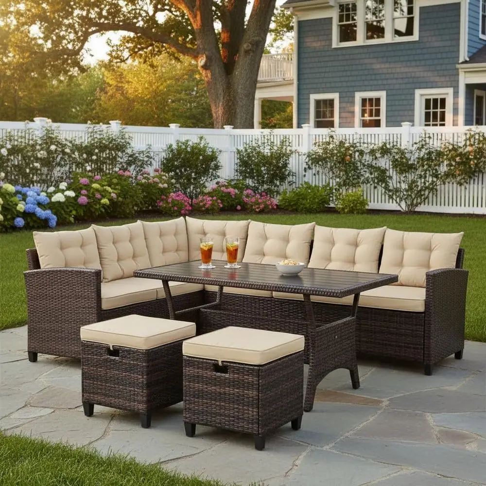 

5 PCS Patio Furniture Set, Outdoor Conversation Set with 6 Cushioned Seat 2 Ottomans amp Coffee Table, All Weather Wicker Dinin