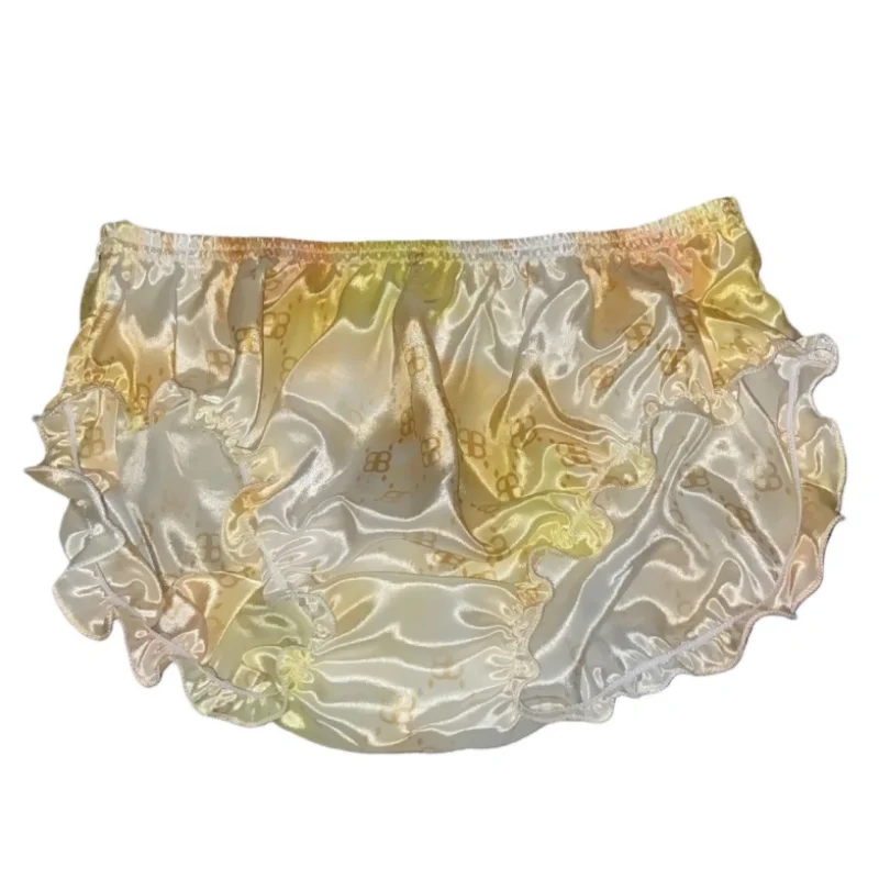Ropa interior Sexy para parejas masculinas y femeninas, bragas triangulares de seda de doble cara de alto brillo, bragas holgadas fruncidas con estampado de cintura media, regalo BF