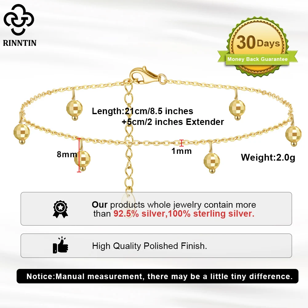 Rinntin Silver 925 Cable Chain with 8mm Round Beads Ankle Bracelets for Women Beach Anklets Foot Chains Foot Hand Jewelry SA26