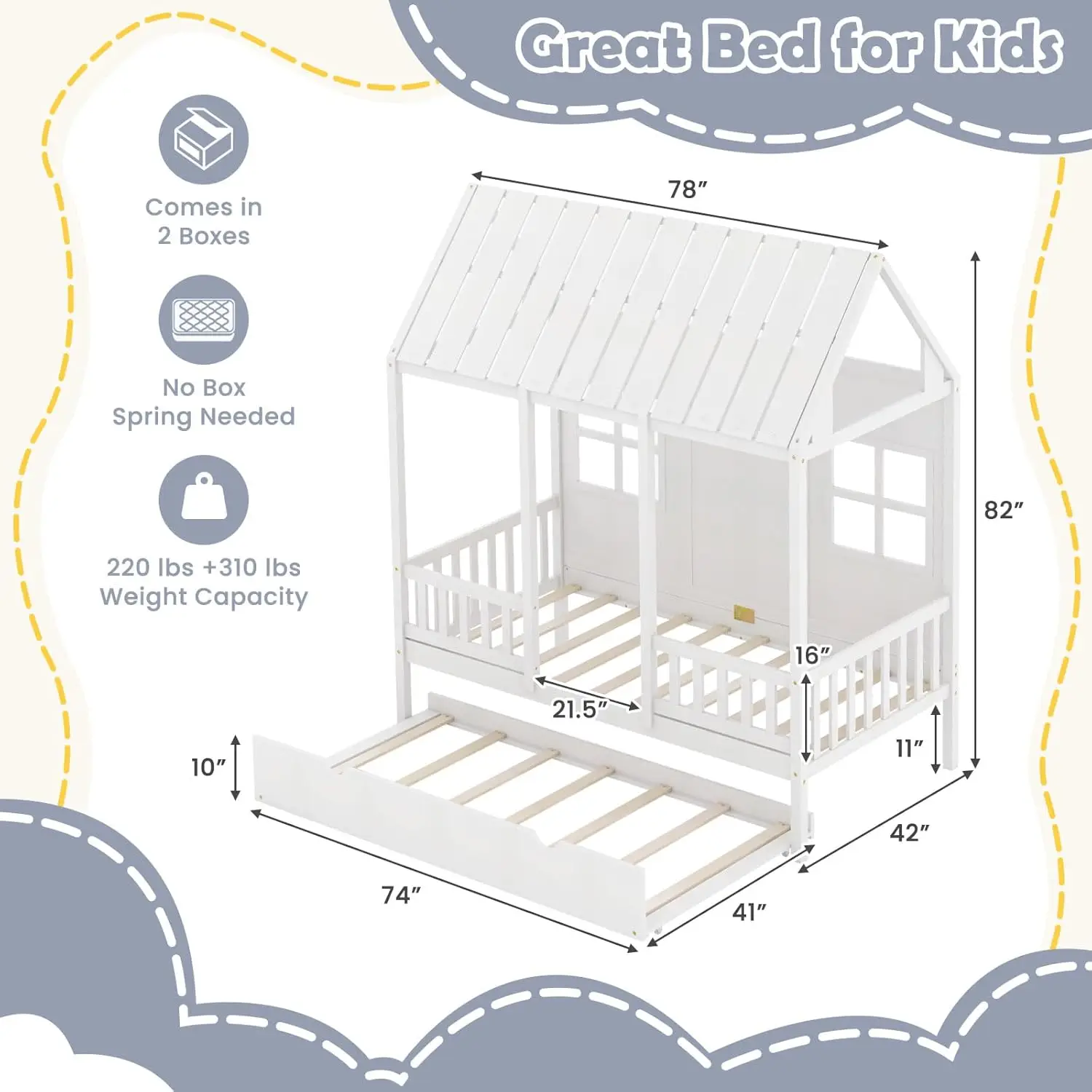 Giantex Twin House Bed With Trundle, Kids Bed Frame With 82