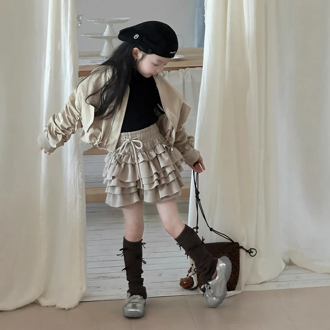 

Girls Coat 2025 Autumn New Children's Clothing Korean Style Girls Baby Fashion Loose Pleated Baseball Casual Simple Daily