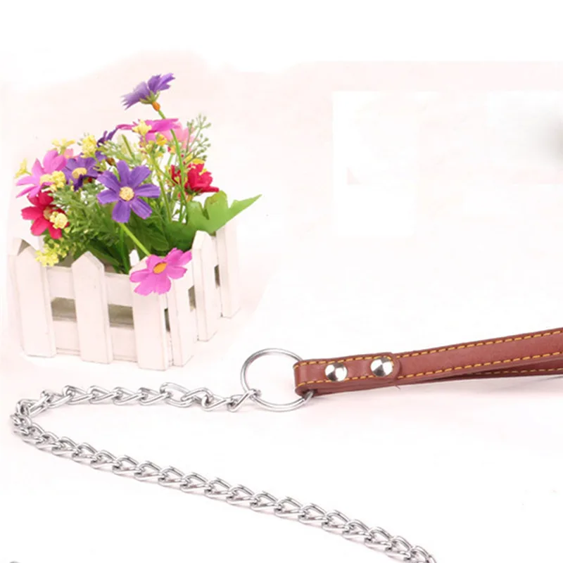 Durable Anti-Bite Metal Dog Chain Lead For Small Medium Large Dog Chain Leash Handle Leads PU Leather Iron Chain Pet Accessories