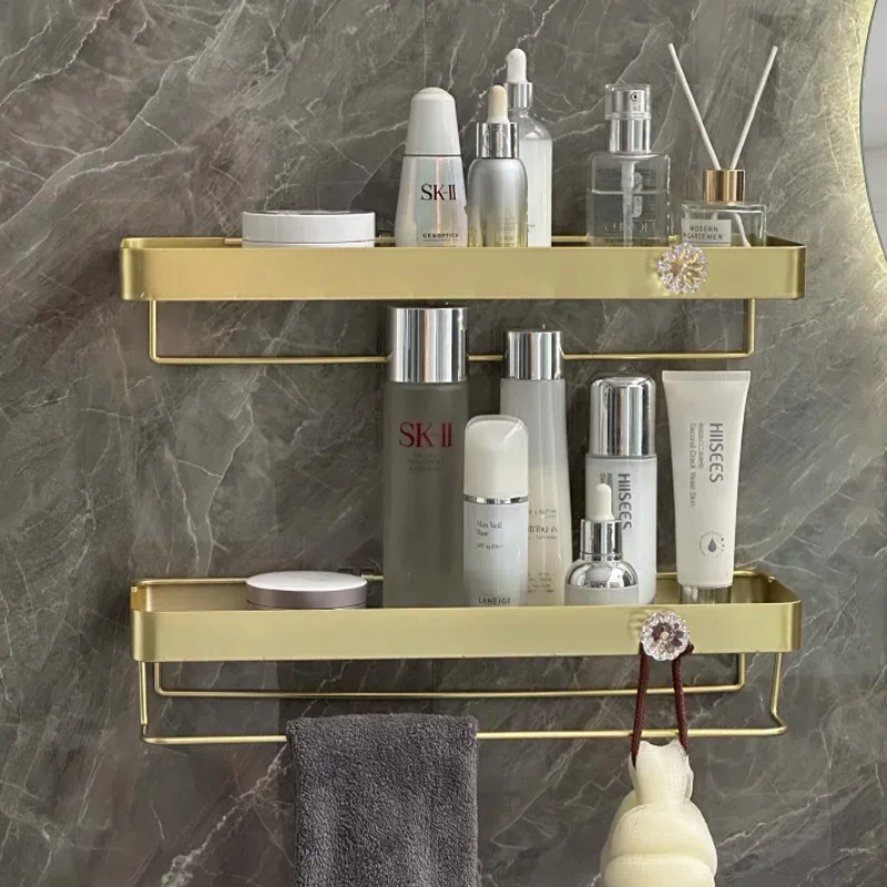 Gold storage rack without punching bathroom sink washbasin wall mounted cosmetic storage rack bathroom accessories shelves 5