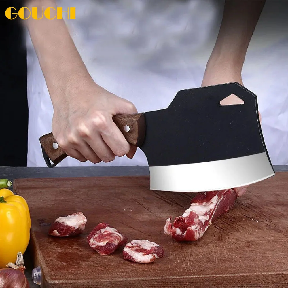 Stianless Steel Chopping Bone Knife Pig Ribs Cutting Axe Butcher Hetchet Kitchen Chopping Knife Wood Handle Hard Work Cooking