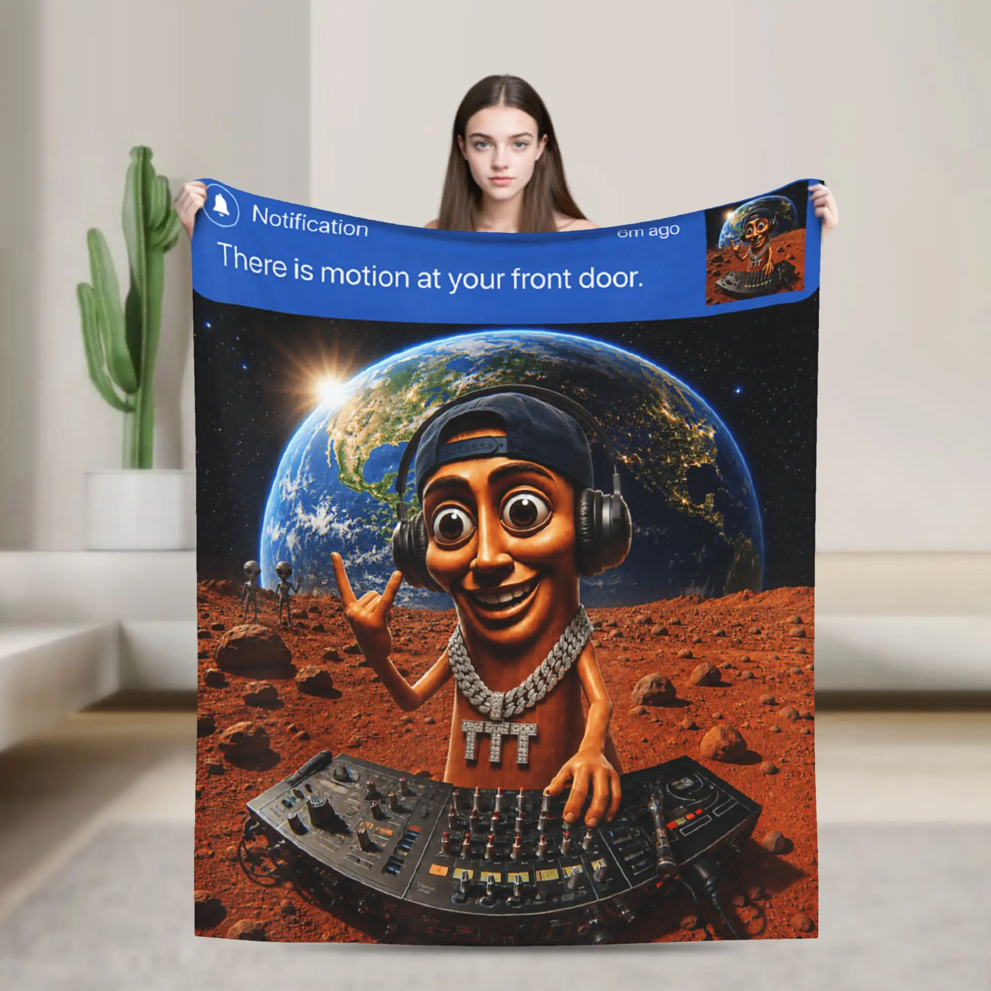 There is Motion at Your Front Door Tung Tung Sahur Space DJ Bedding Throws Soft Print Blanket  For Home Travel Flannel Bedspread