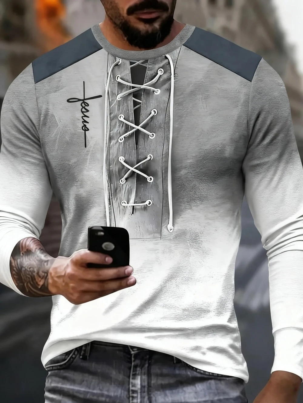 تي شيرت للرجال فو الرباط ثلاثية الأبعاد طباعة الرجال كم طويل تي شيرت الخريف طاقم الرقبة تي شيرت كبير الحجم الصليب طباعة قميص ملابس للرجال