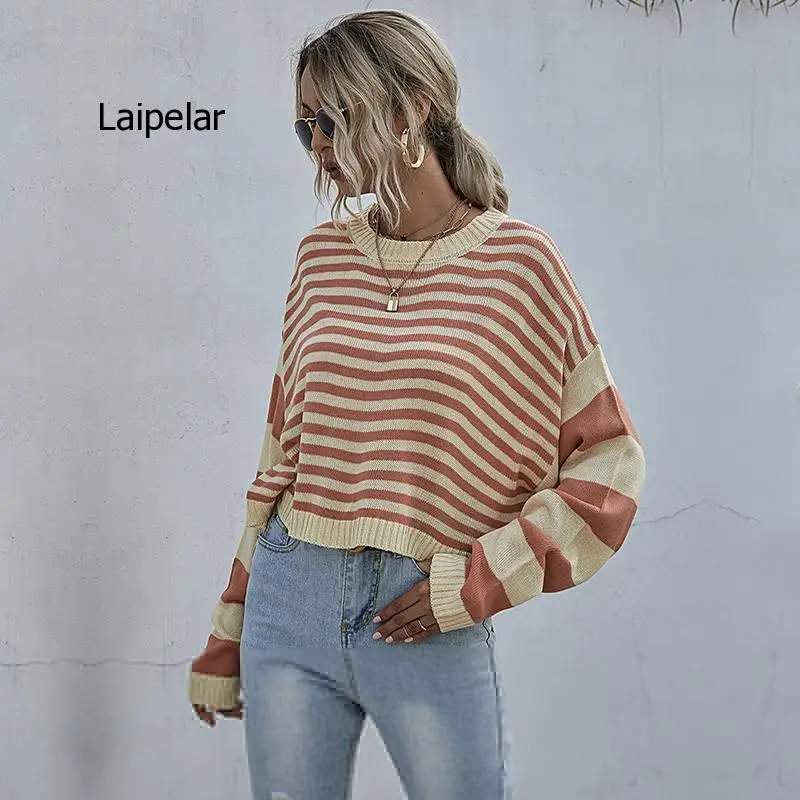 

Striped Pullover Loose Knitted Sweater Women Autumn Winter Short Jumper Long Sleeve All-match Plus Size Sweater