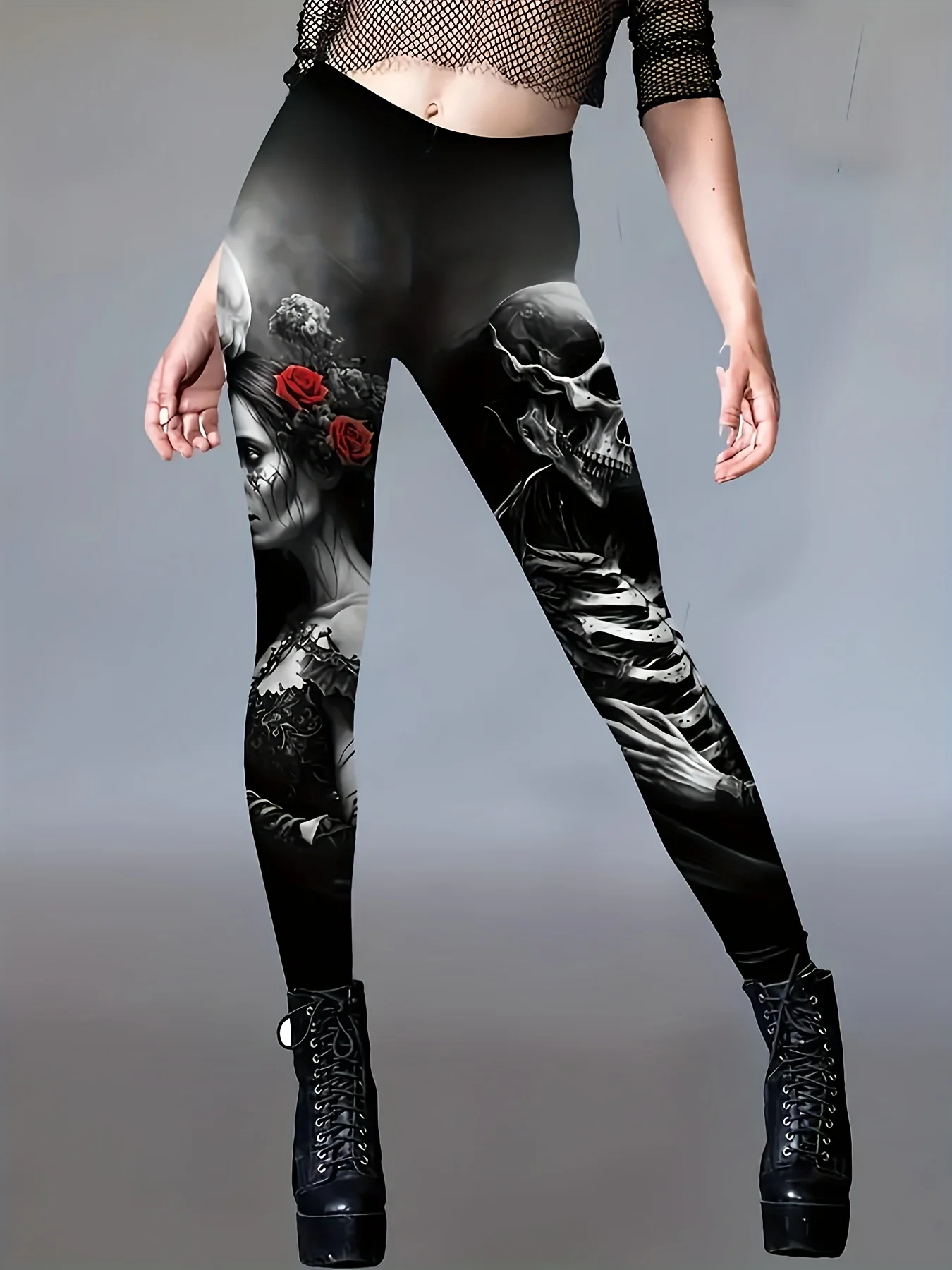 Women Mid‑Rise Fleece Lined Leggings Skull Red Rose Print Soft Stretch Slim Warm Gothic Ladies Casual Pants