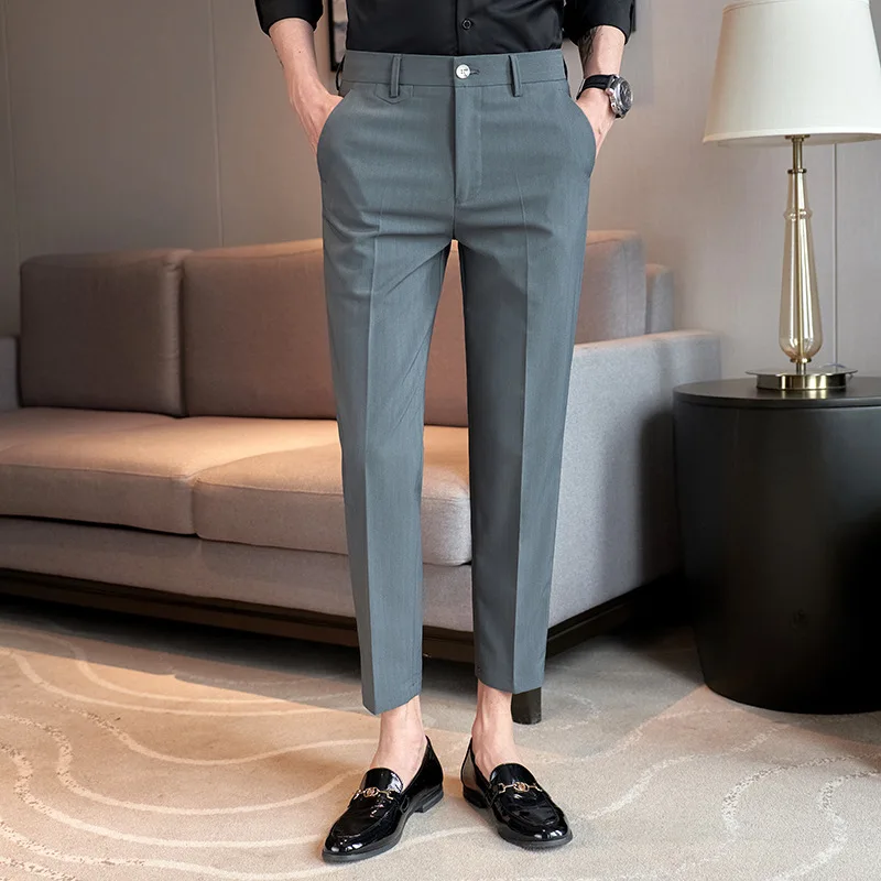 Spring/Summer Men's Casual Suit 2024 Korean Edition Draping Dark Stripe Non ironing Slim fit Youth Men's cropped pants