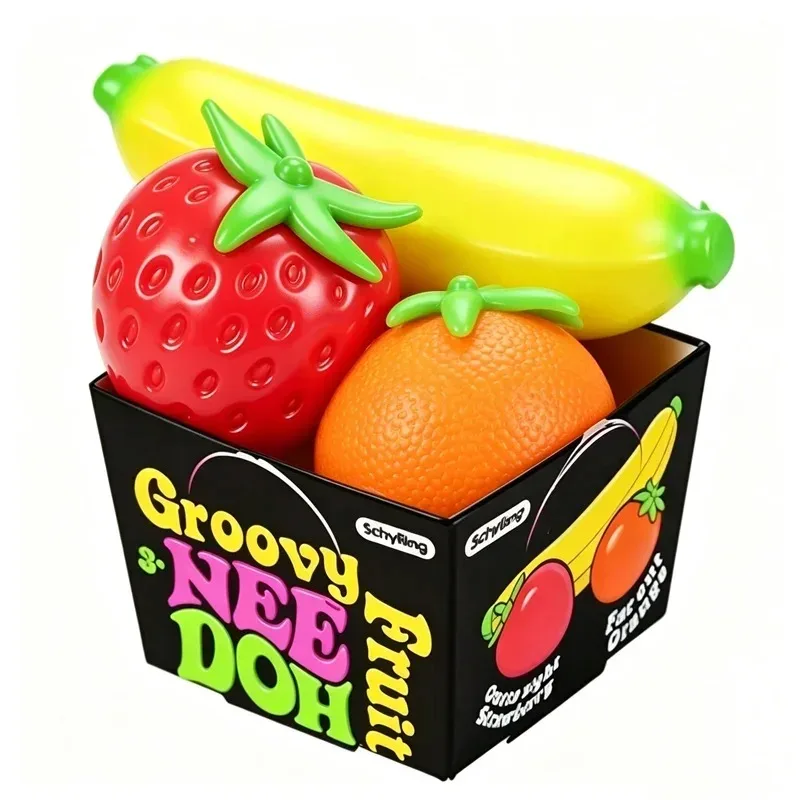 Schylling Needoh Groovy Fruit 3 Pack Squeeze Squishy Toy Banana Strawberry Orange Stress Ball Hand Exercise Relief Fidget Toy