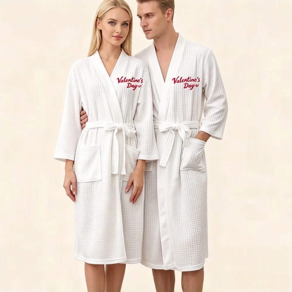 Custom Couple Bathrobe Embroidered with Names Logo Home Clothes Waffle Knit Bathrobe for Couples Hotel Spa Robe for Men Women