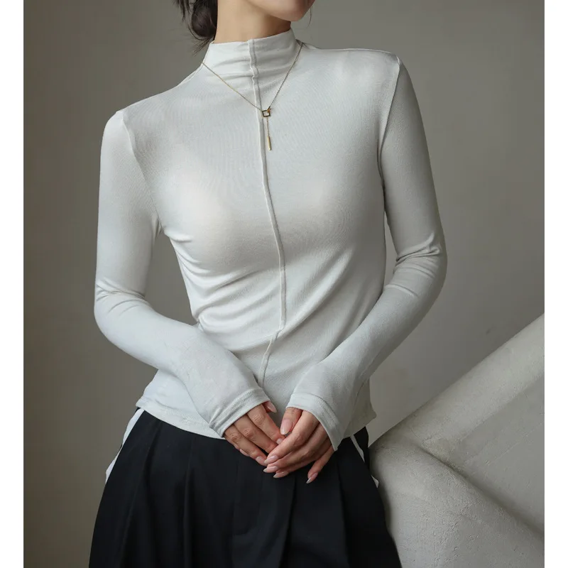 Cashmere silk protein autumn and winter modal half turtleneck bottoming shirt for women with long-sleeved slim fit top