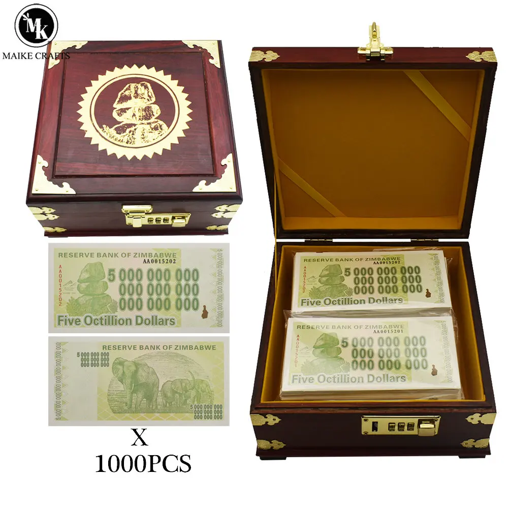 

1000pcs/box Zimbabwe Banknote Five Octillion Dollars Paper Money with Combination Lock Wooden Box Collection Business Gift