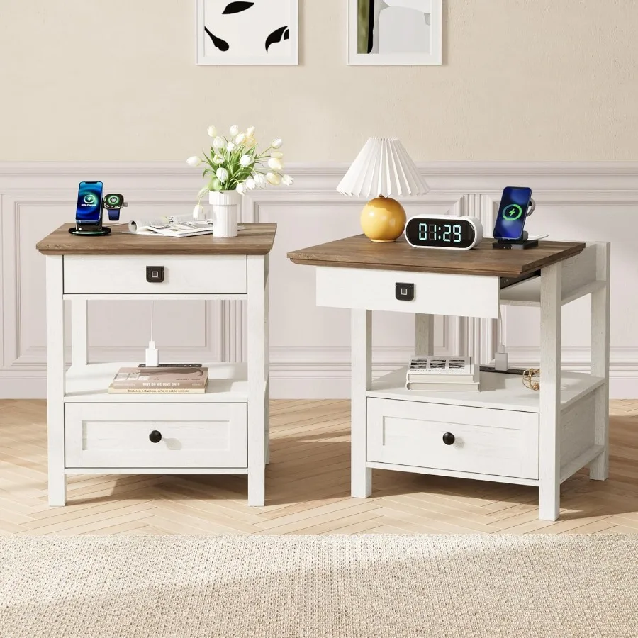 Sliding Nightstand Set of 2 with Fingerprint Lock Night Stand with Charger Station Farmhouse 2 Drawers Storage for Bedroom Room