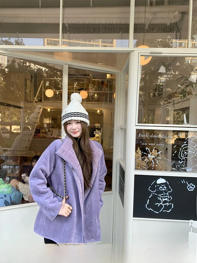 

Eia Moka Lamb Fur Jaet Women Winter Faux Suede Lined Fur Inteated Coat Vintage Sle Stand Fit Polyester Fabric