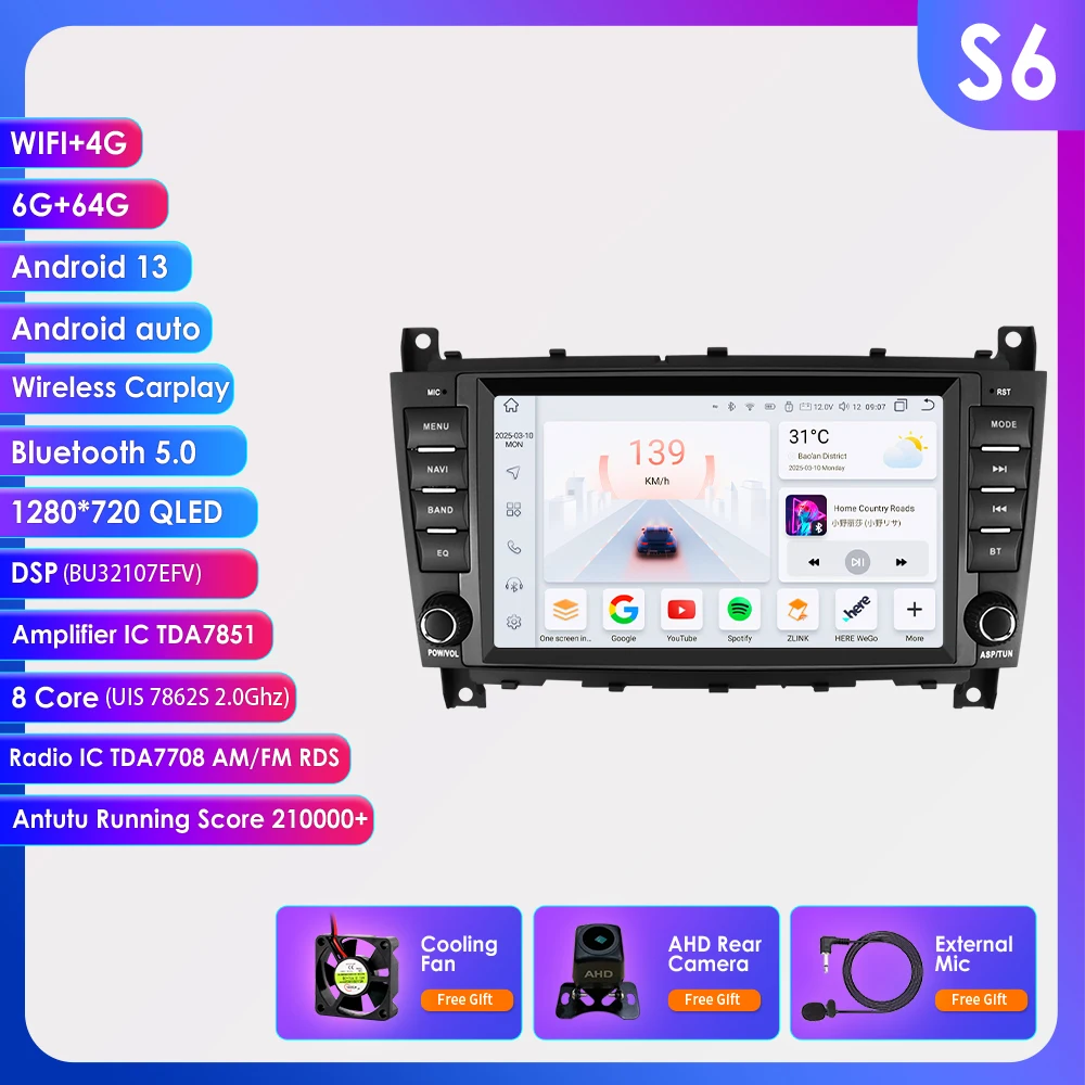 Hizpo 8-Zoll-Android-All-in-One-Autoradio für Mercedes Benz C-Klasse W203/CLC W203 CLK W209 Multimedia Autoradio Stereo Carplay
