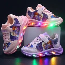 Disney LED Casual Sneakers per ragazze primaverili Frozen Elsa Princess Print scarpe in pelle Pu bambini illuminati antiscivolo rosa viola