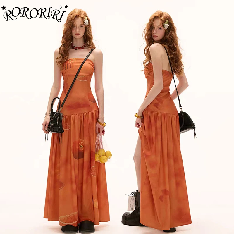 

RORORIRI Desire Fruit Print Corset Long Dress Women Sexy Backless Pleated Draped Slit A-line One-piece Holiday Summer Clothing