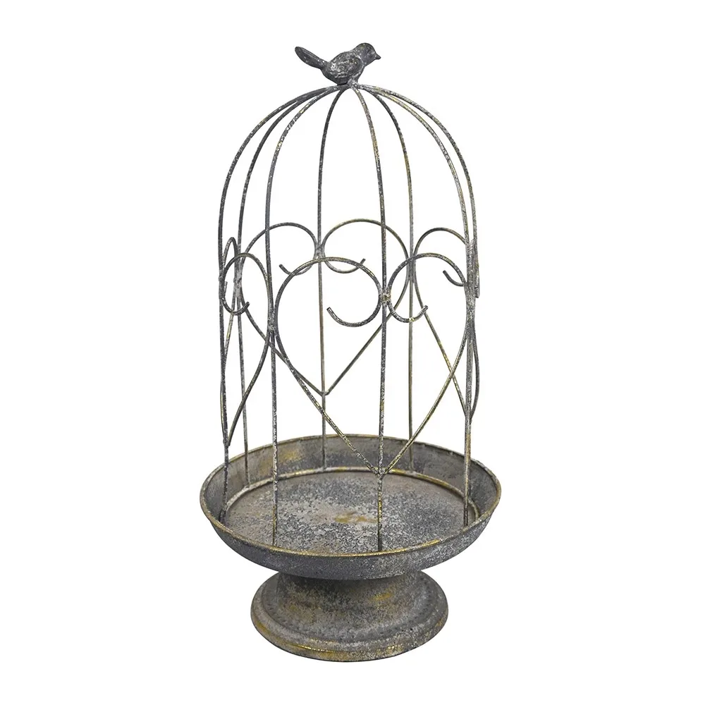 Vintage Iron Art Pedestal Round Tray with Birdcage Dome, Flower Pot Display Stand, Decoration Pieces,European Garden Courtyard