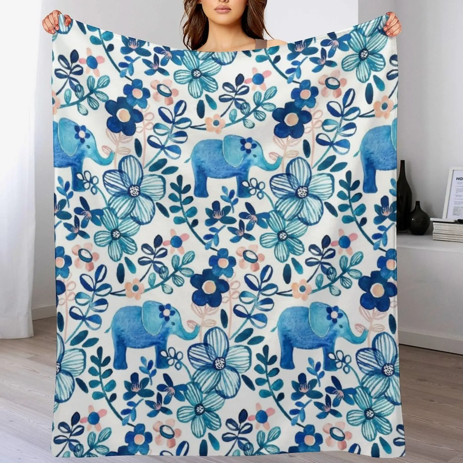 

Blush Pink, White and Blue Elephant and Floral Watercolor Pattern Throw Blanket Fade Resistant Durable Throw Blanket