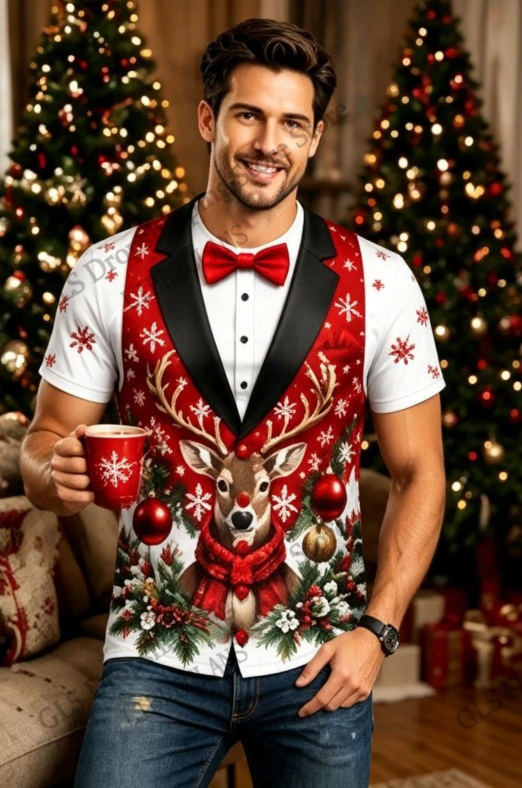 Funny Men Tshirt Christmas Fake Suit 3d Print T-shirt Men Women Fashion Short Sleeve Santa Claus Tops Tees Men Clothes Snowflake