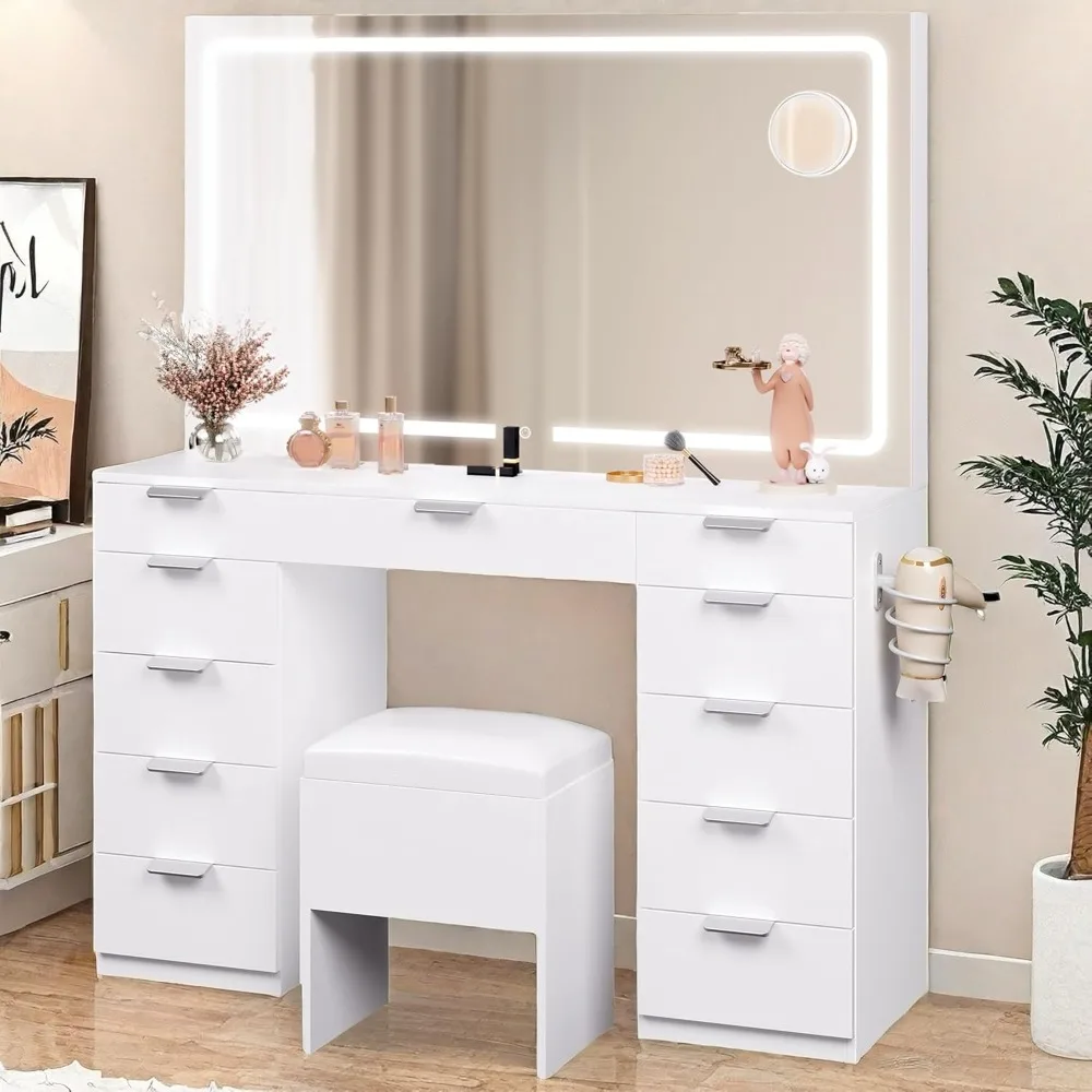 Makeup Vanity with LED Illuminated Mirror & Power Outlet, 46'' Vanity Desk Set Boasting 11 Drawers, Dressing Table with Storage