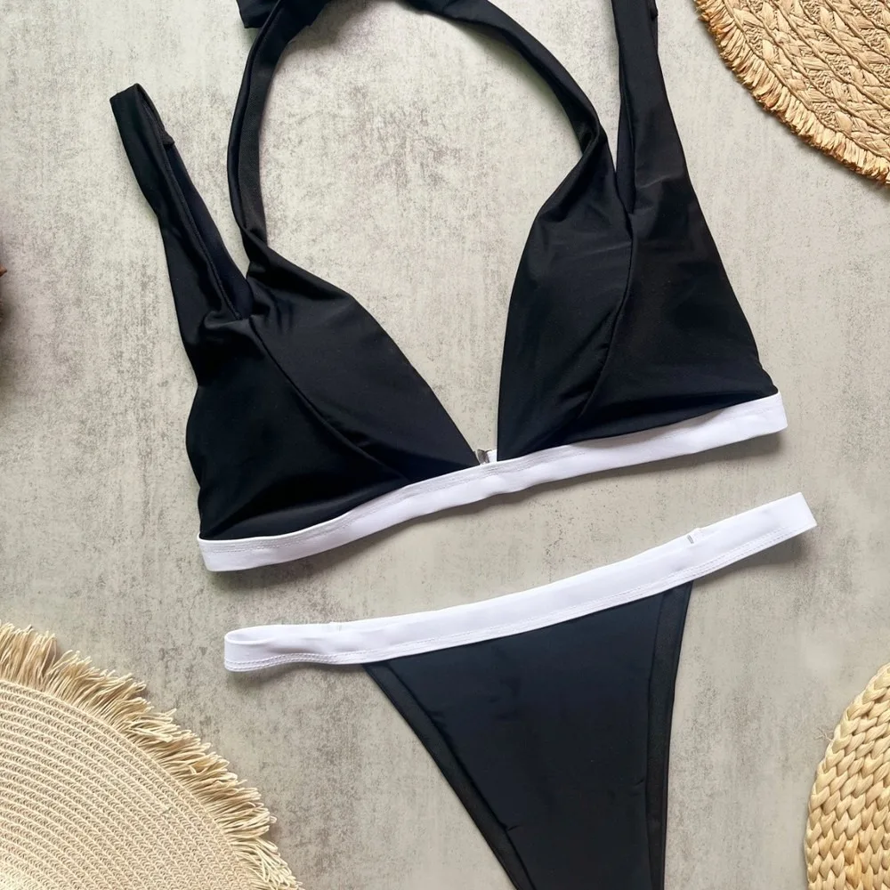 Solid Color Black And White Spliced Fabric Bikini, Solid Color Swimsuit, Beach Sexy Woman Bikini Set Women's Swimsuit Beach Swim