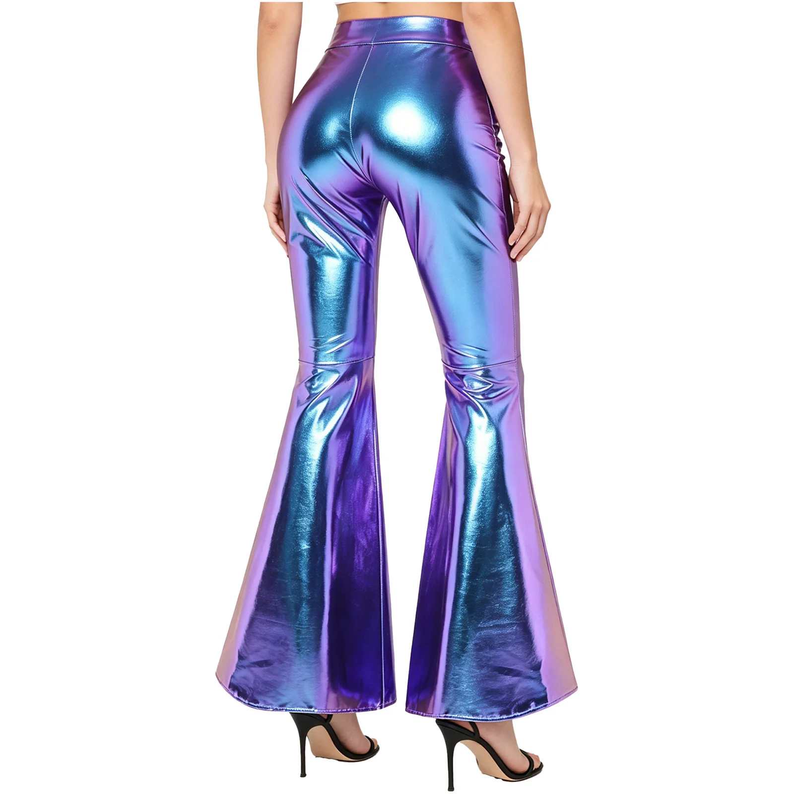

Women Metallic Shiny High Waist 70s Disco Dance Flared Pants Halloween Carnival Theme Party Hippie Costume Clubwear Streetwear