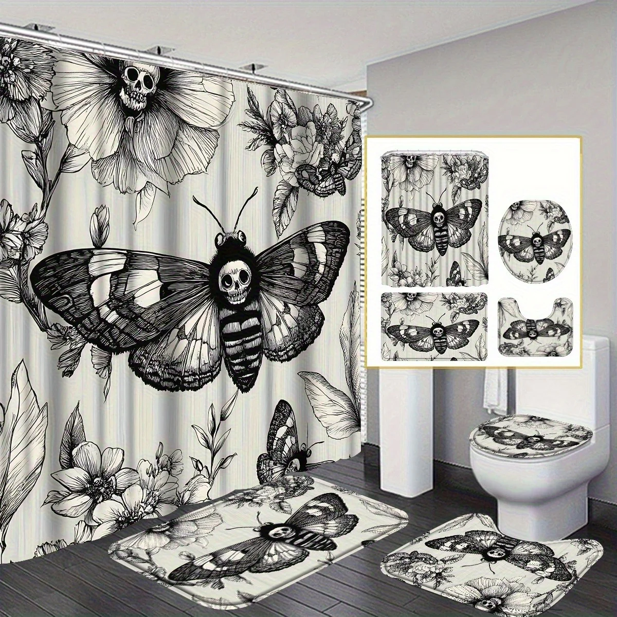 

Набор для ванной комнаты с готическим черепом и цветочным принтом из 4 предметов — полиэфирная ткань, занавеска для душа, коврик для сиденья унитаза, напольный коврик, U-образный коврик